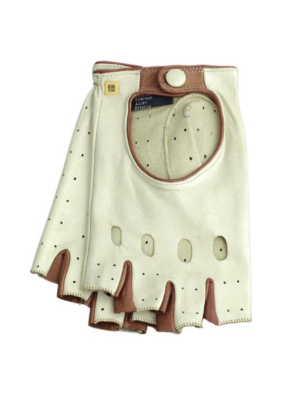 gants en cuir demi-doigts pour femme en bicolore beige et cuir