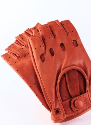 Gants en cuir orange à demi-doigts pour femmes avec détails sur les phalanges